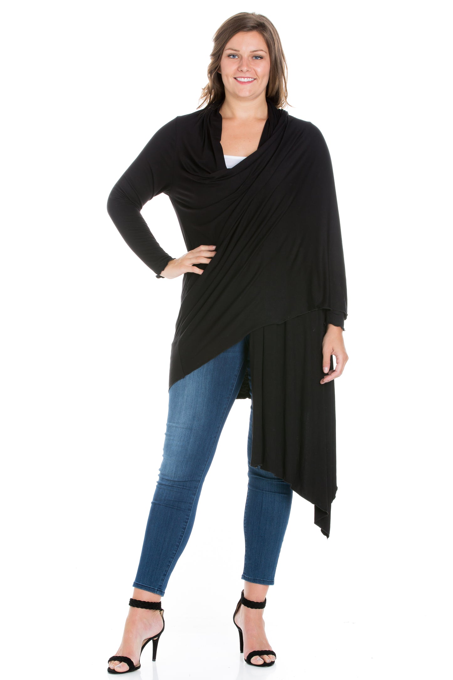 Womens Curvy Black Extra Long Open Front Cardigan