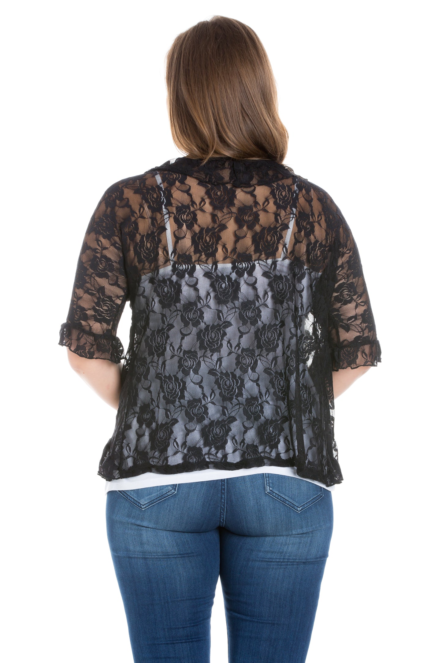 Womens Curvy Black Ruffle Black Lace Bolero Shrug