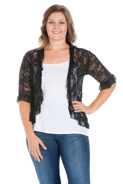 Womens Curvy Black Ruffle Black Lace Bolero Shrug