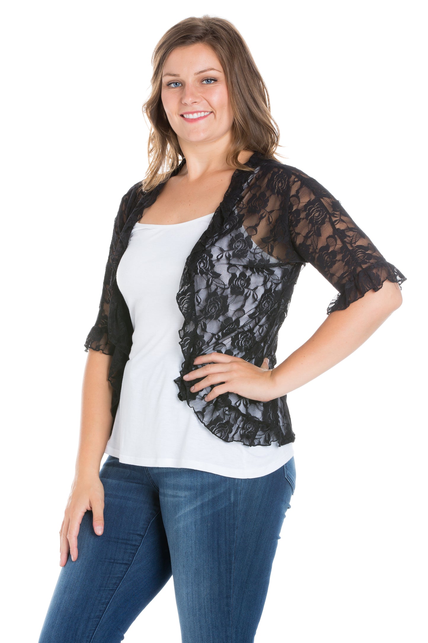 Womens Curvy Black Ruffle Black Lace Bolero Shrug