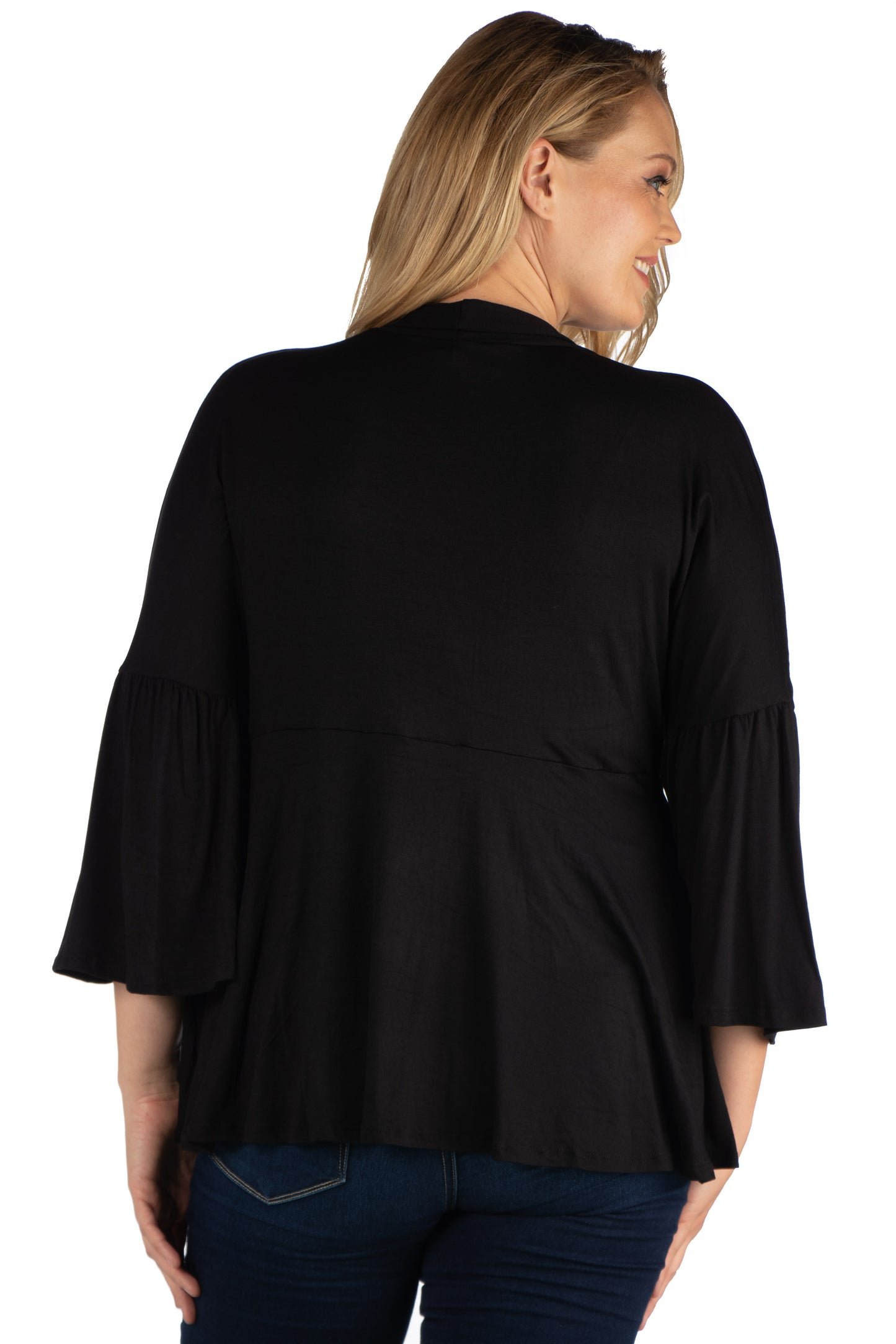 Womens Curvy Black Bell Sleeve Flared Open Front Cardigan