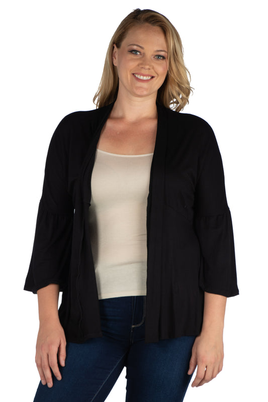 Womens Curvy Black Bell Sleeve Flared Open Front Cardigan