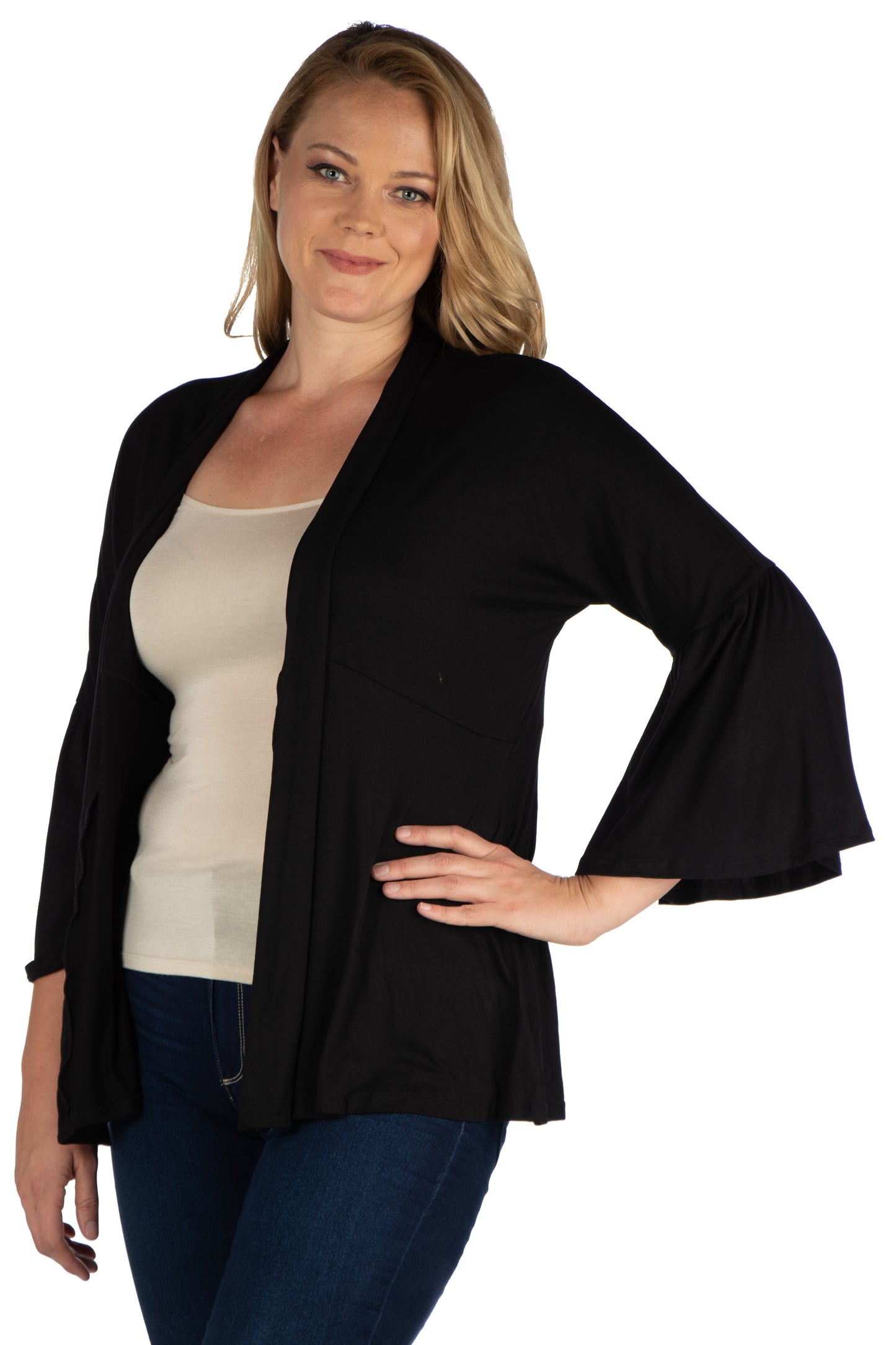 Womens Curvy Black Bell Sleeve Flared Open Front Cardigan