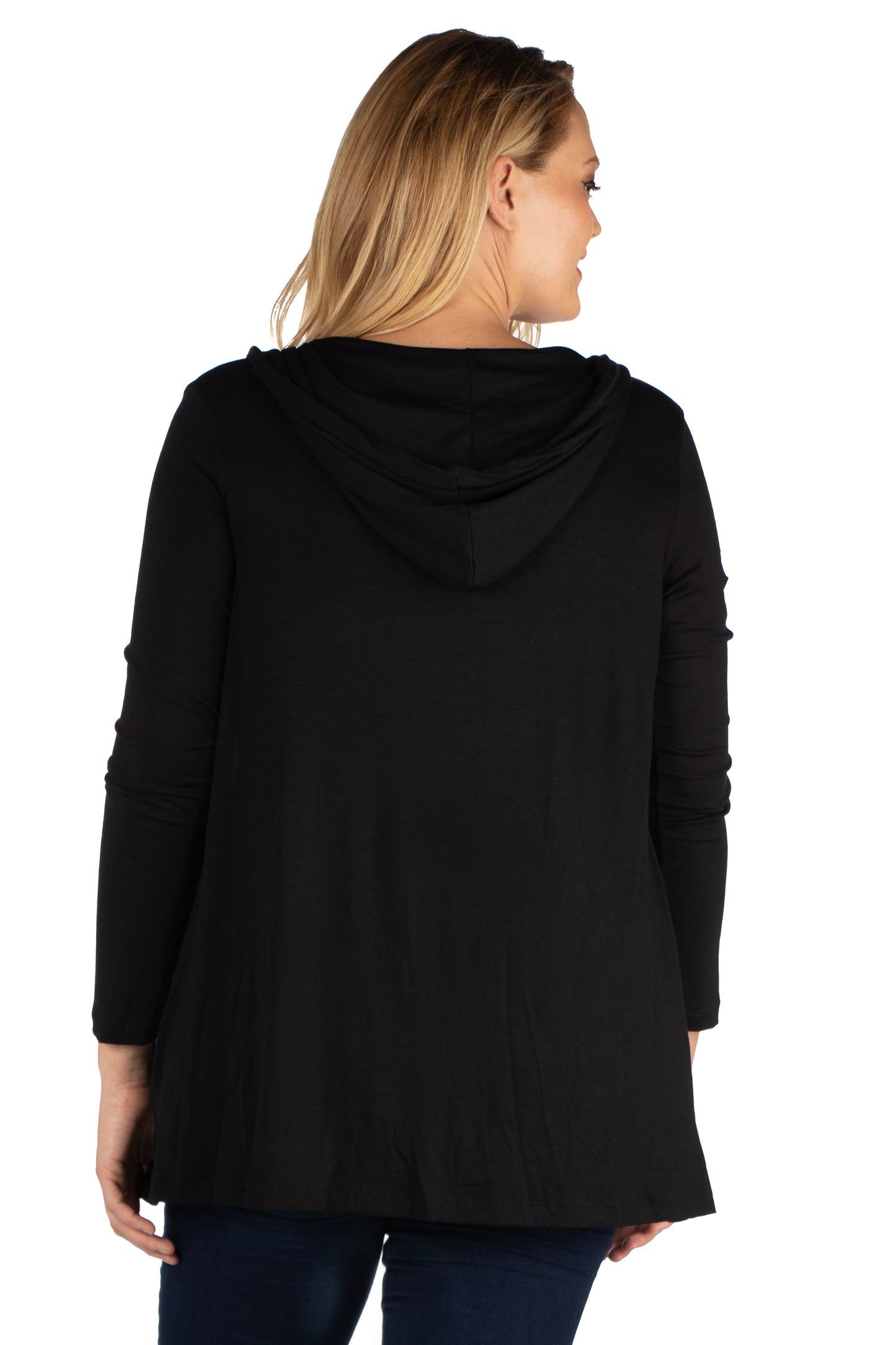 Womens Curvy Black Open Front Lightweight Hooded Cardigan