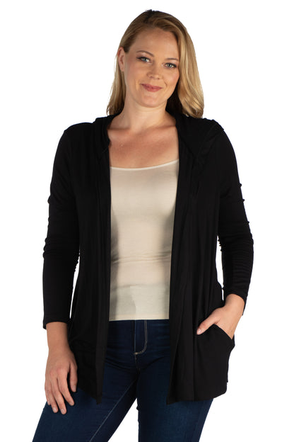 Womens Curvy Black Open Front Lightweight Hooded Cardigan