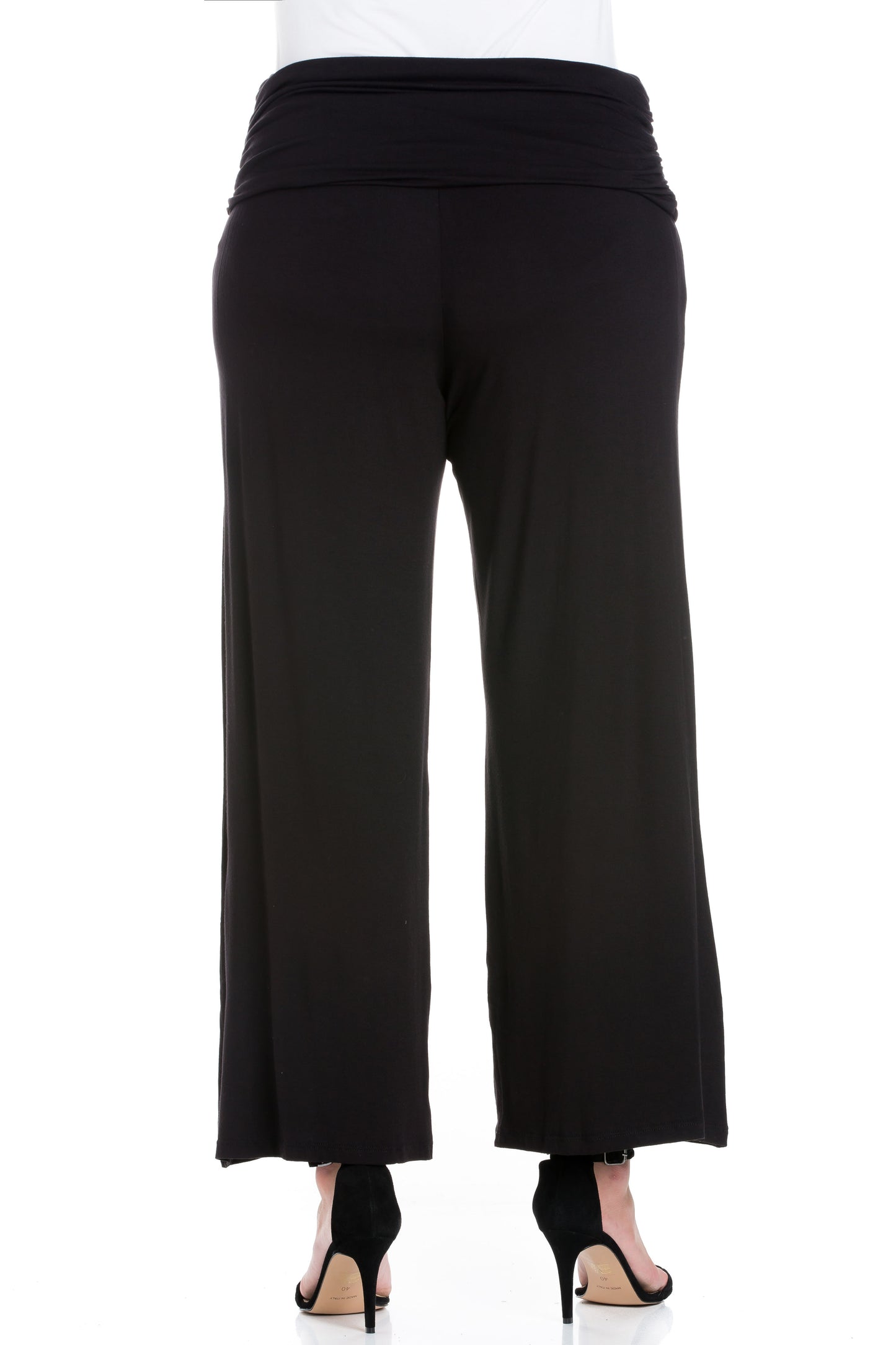 Womens Curvy Black Womens Fold Over Elastic Waist Palazzo Pants