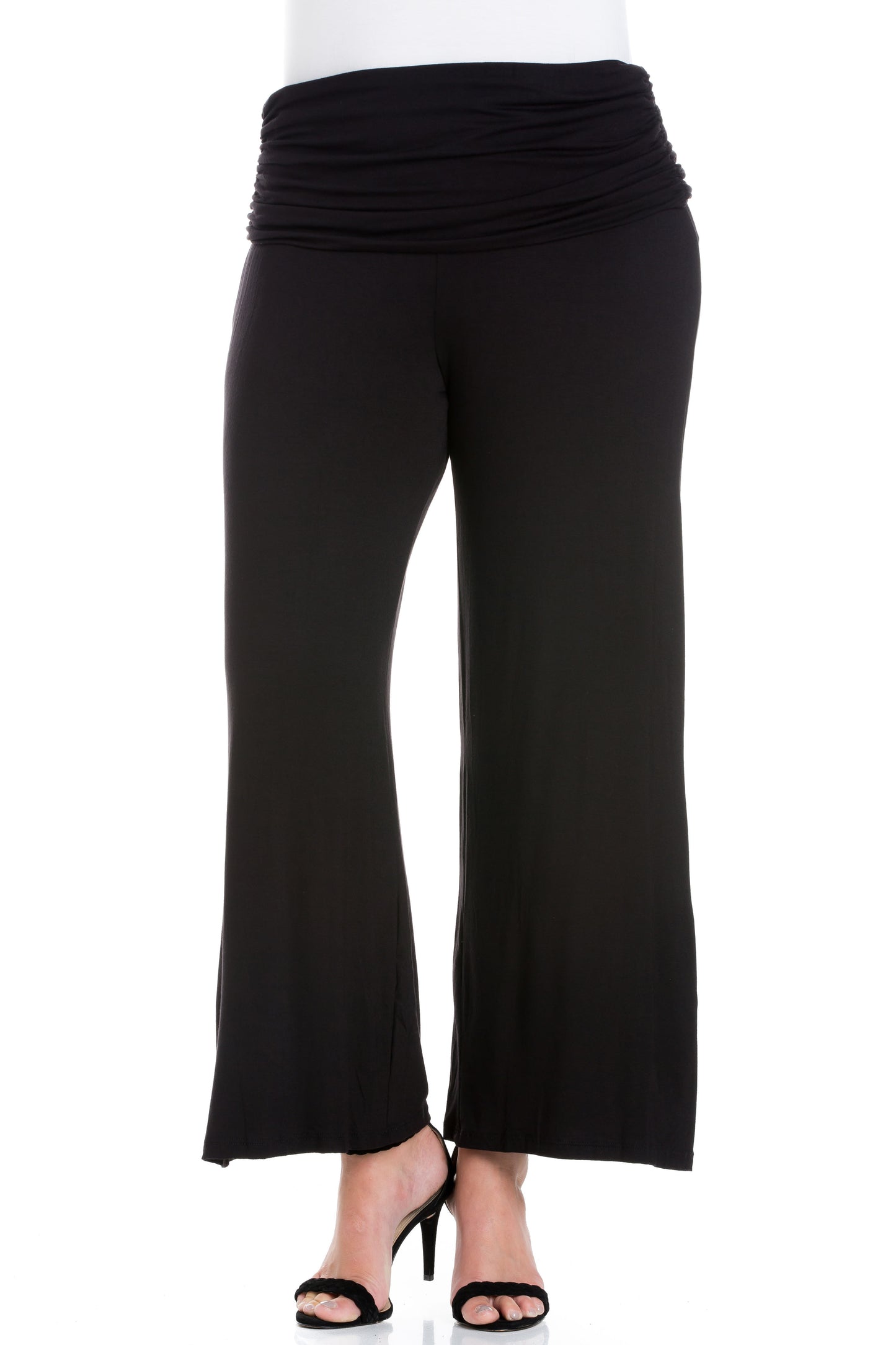 Womens Curvy Black Womens Fold Over Elastic Waist Palazzo Pants