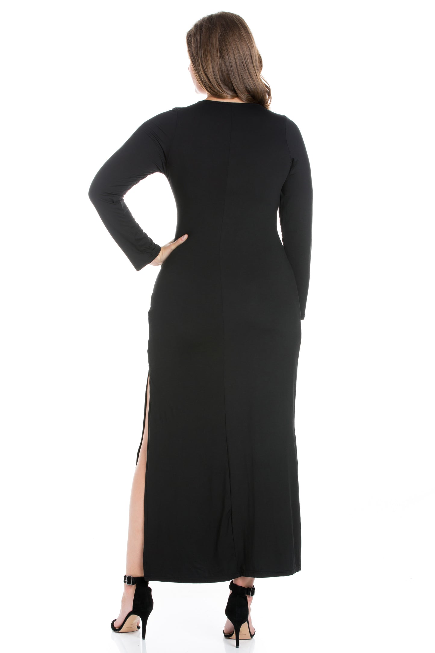 Womens Curvy Black Long Sleeve Side Slit Fitted Black Maxi Dress