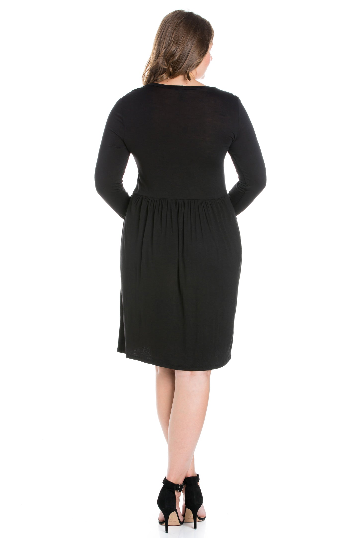 Womens Curvy Black Casual Long Sleeve Pleated Dress