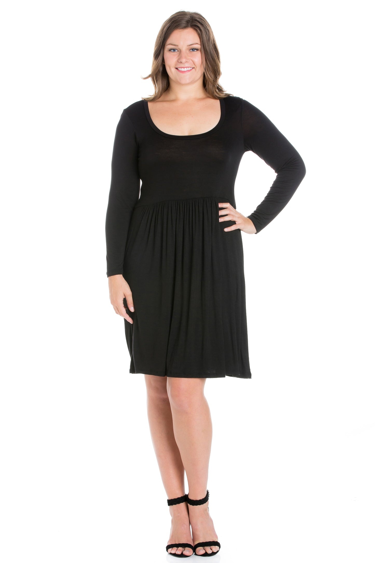 Womens Curvy Black Casual Long Sleeve Pleated Dress