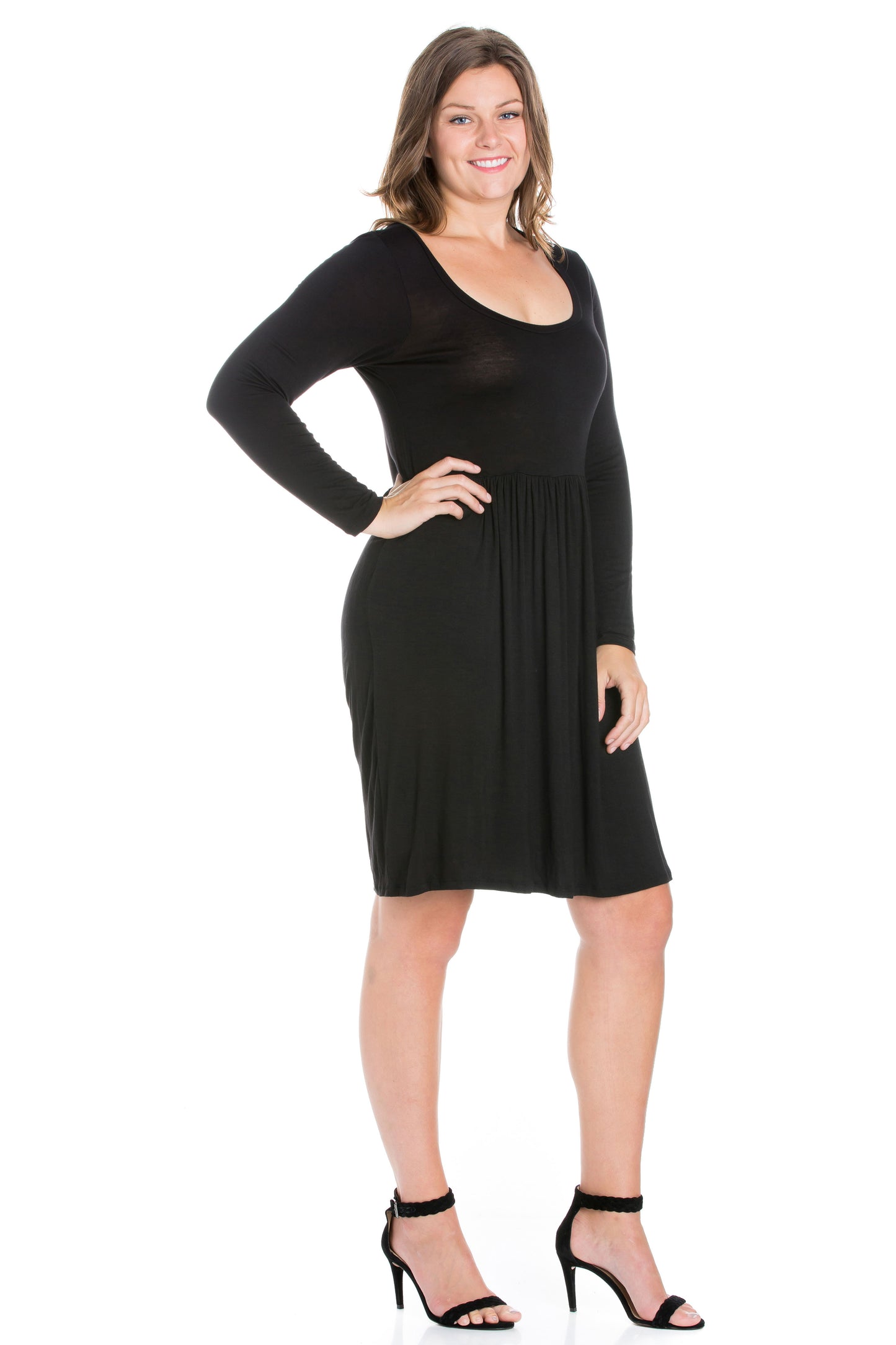 Womens Curvy Black Casual Long Sleeve Pleated Dress