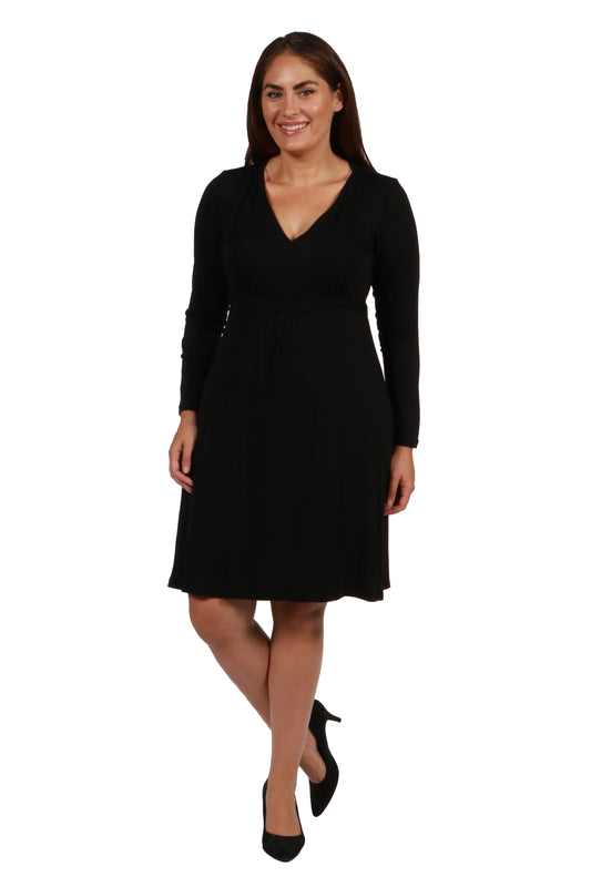 Womens Curvy Black Long Sleeve V-Neck Cocktail Dress