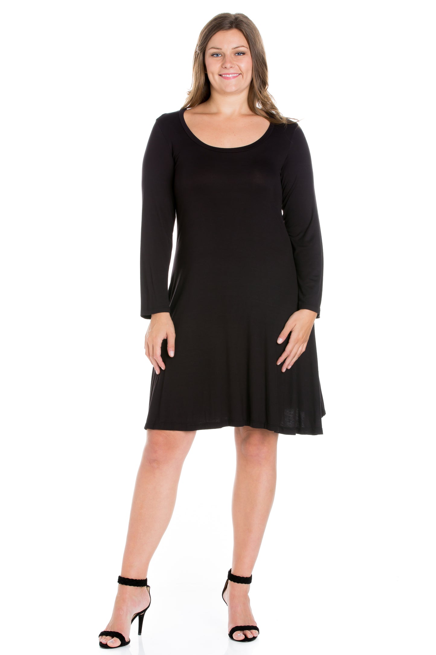 Womens Curvy Black Classic Long Sleeve Flared Mini Dress