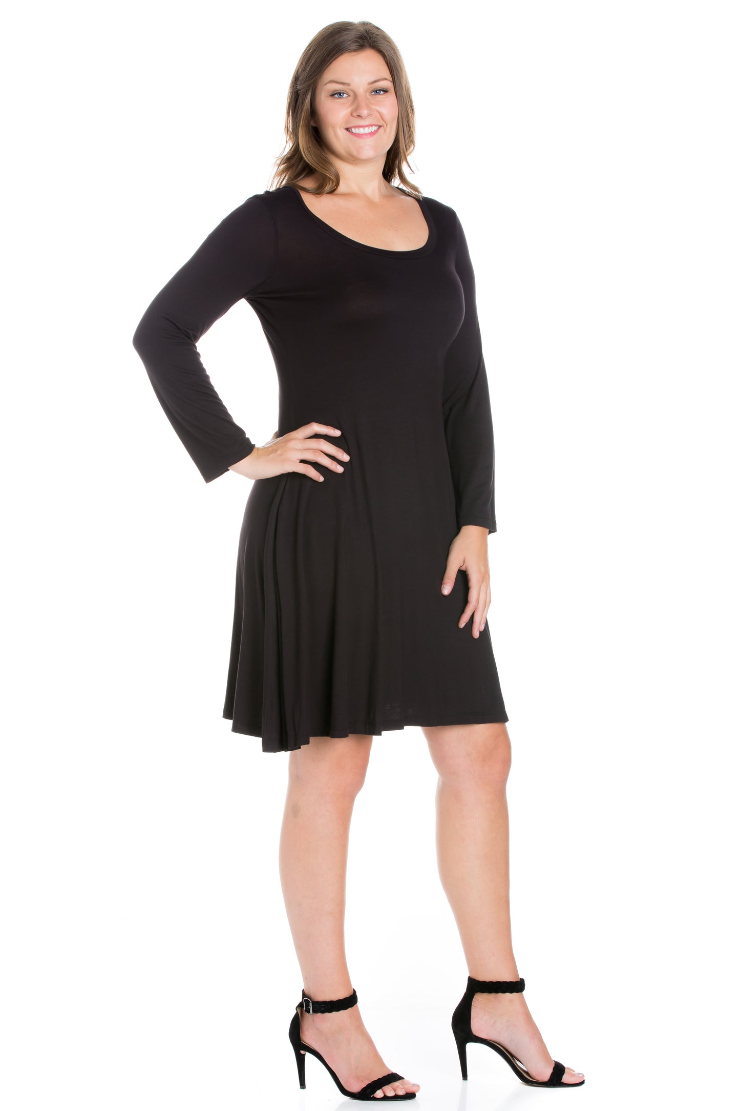 Womens Curvy Black Classic Long Sleeve Flared Mini Dress