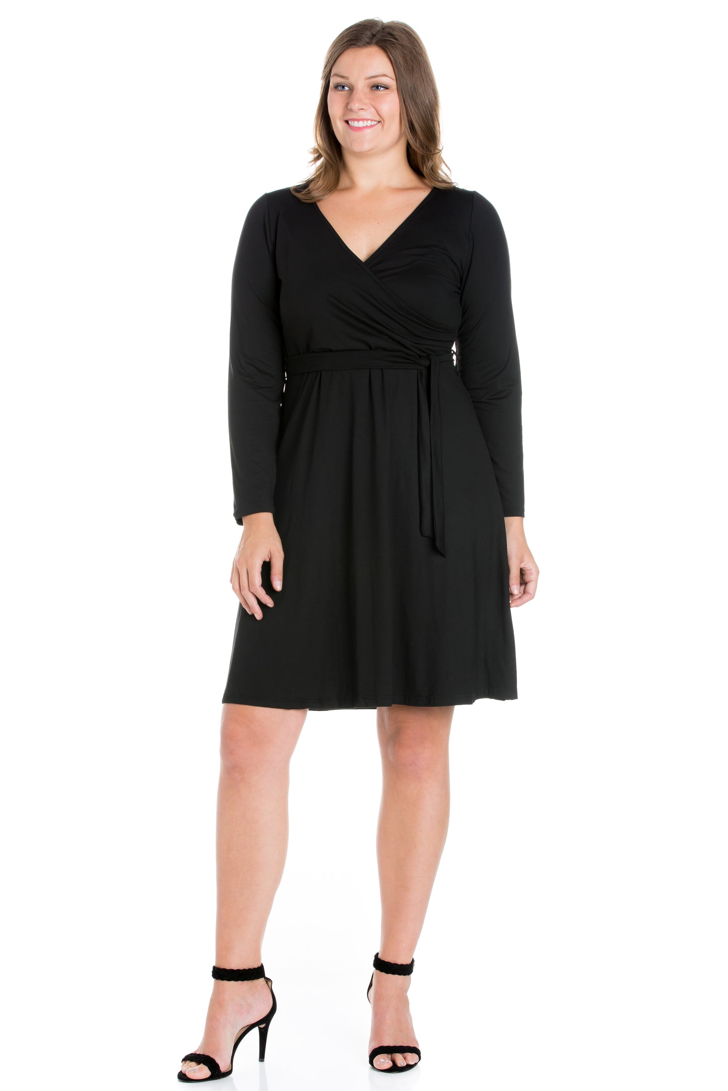 Womens Curvy Black Chic V-Neck Long Sleeve Belted Dress