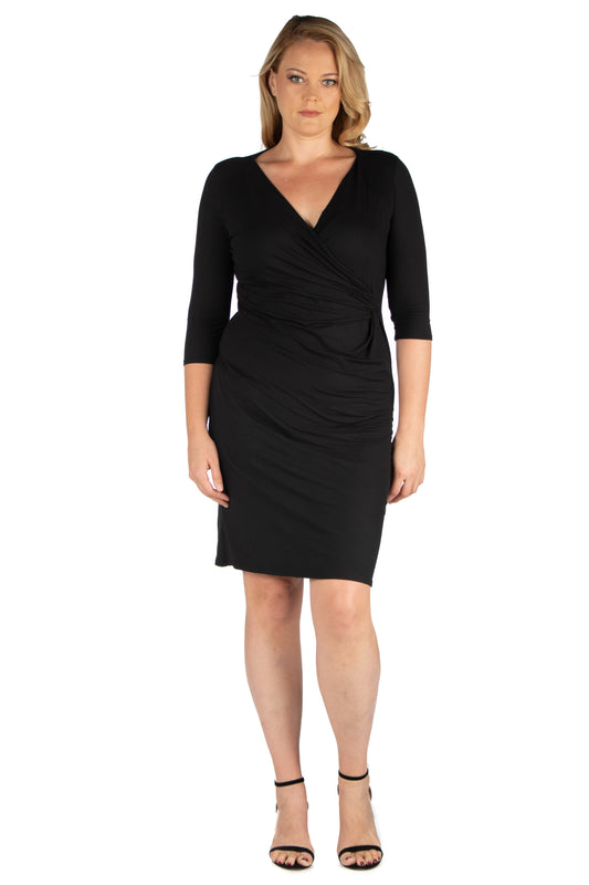 Womens Curvy Black Knee Length V Neck Dress