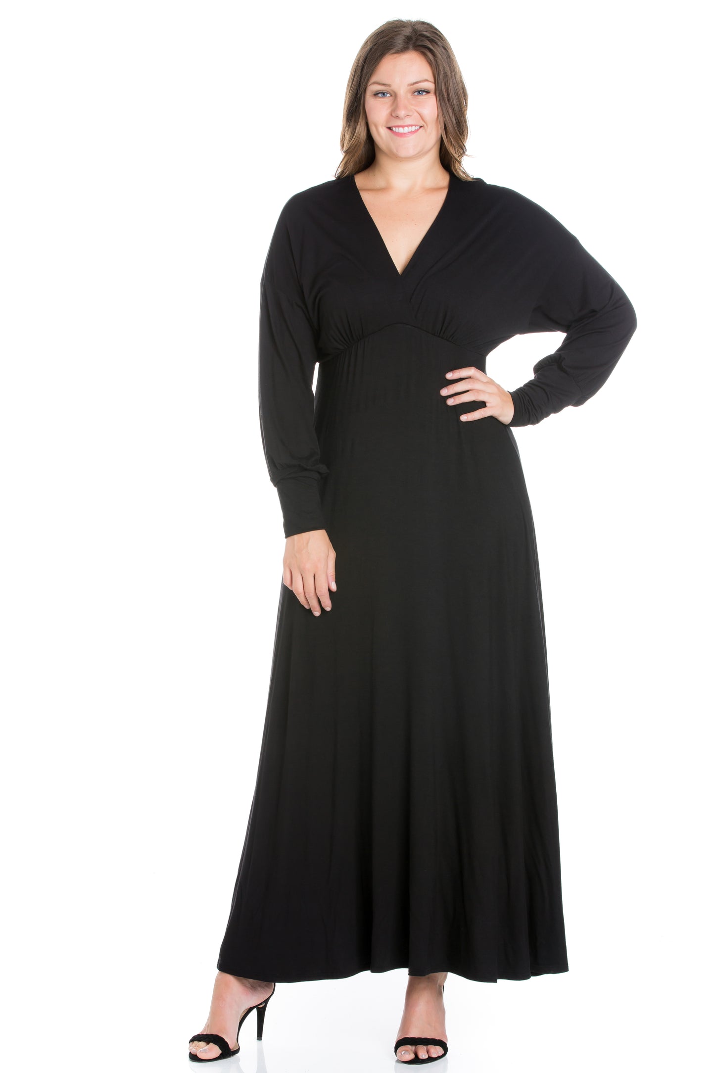 Womens Curvy Black V-Neck Long Sleeve Maxi Dress