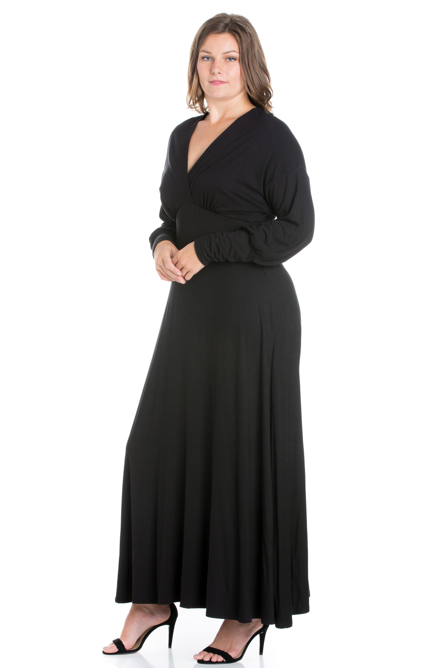 Womens Curvy Black V-Neck Long Sleeve Maxi Dress