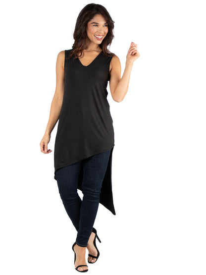 Womens Missy Long Sleeveless Tunic Top with V Neck and Asymmetric Hem