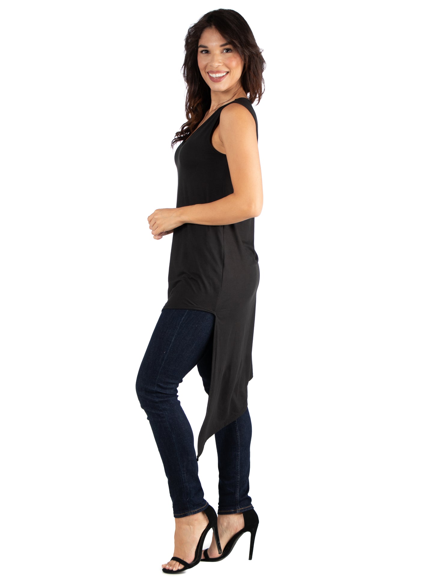 Womens Missy Long Sleeveless Tunic Top with V Neck and Asymmetric Hem