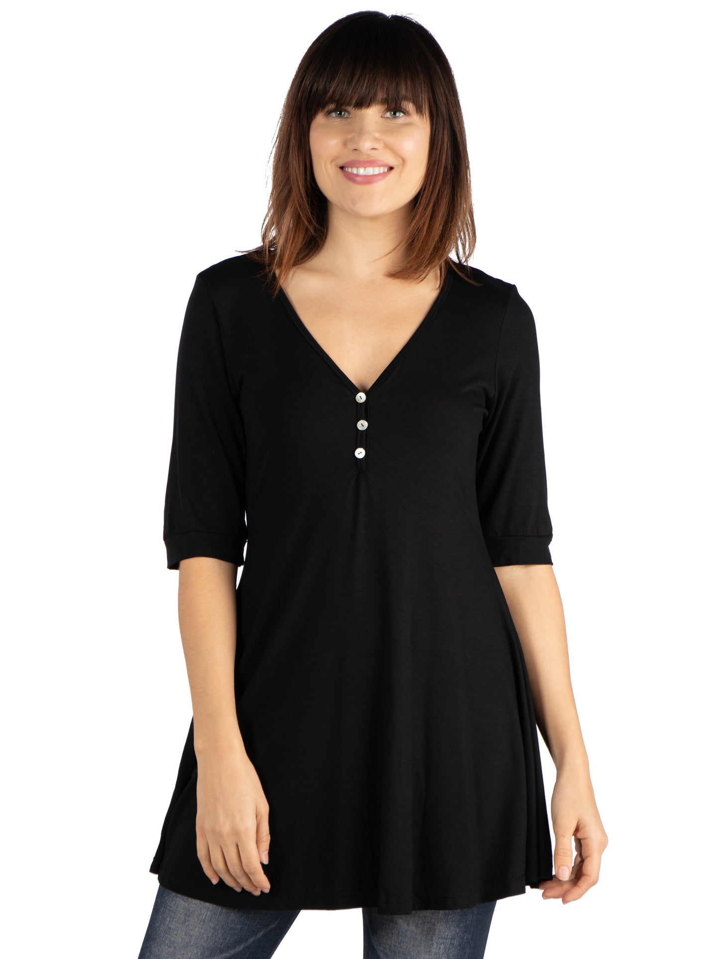 Womens Missy Short Sleeve Tunic Top with Button Detail