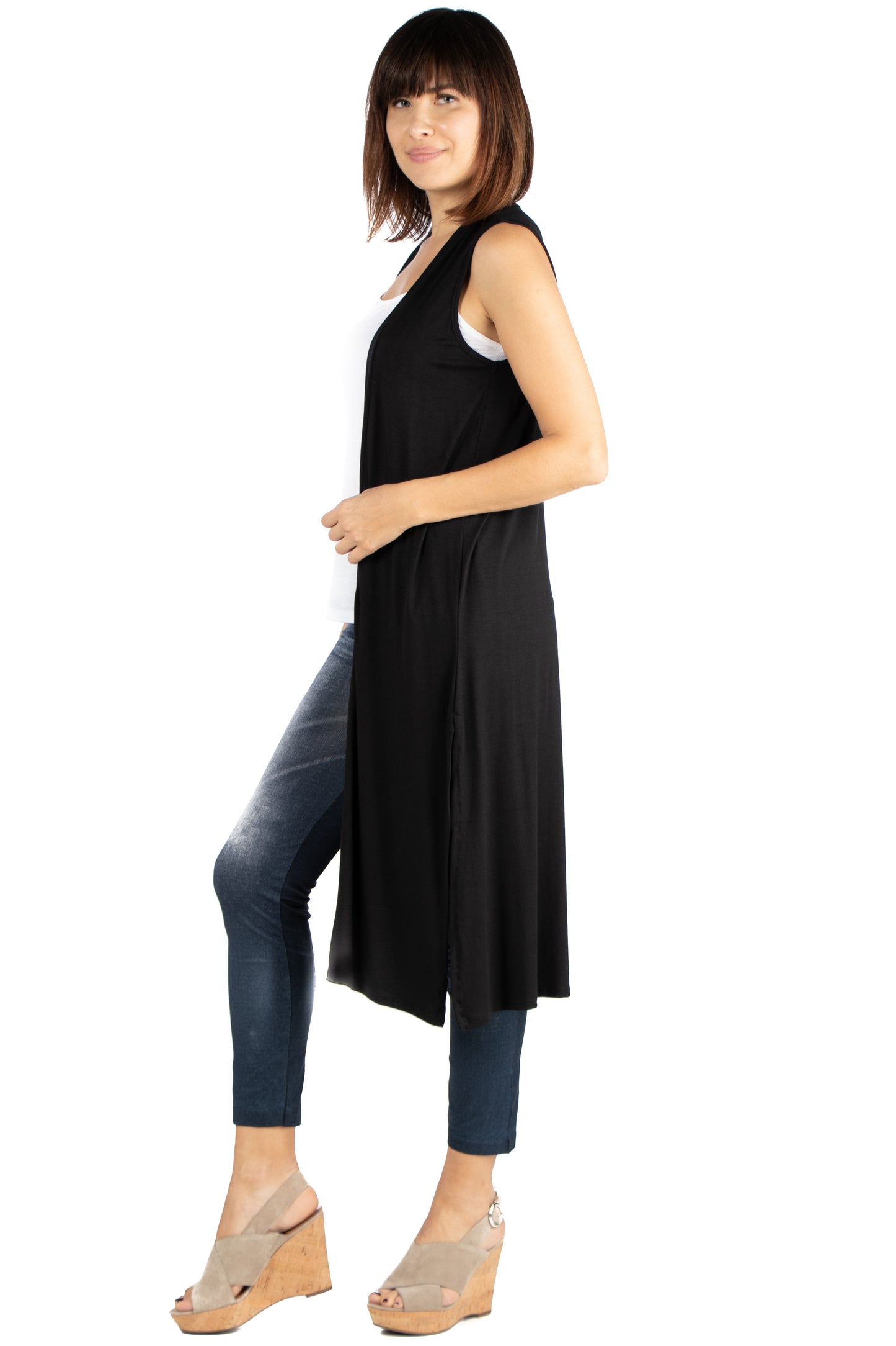 Womens Missy Sleeveless Long Cardigan Vest with Side Slit