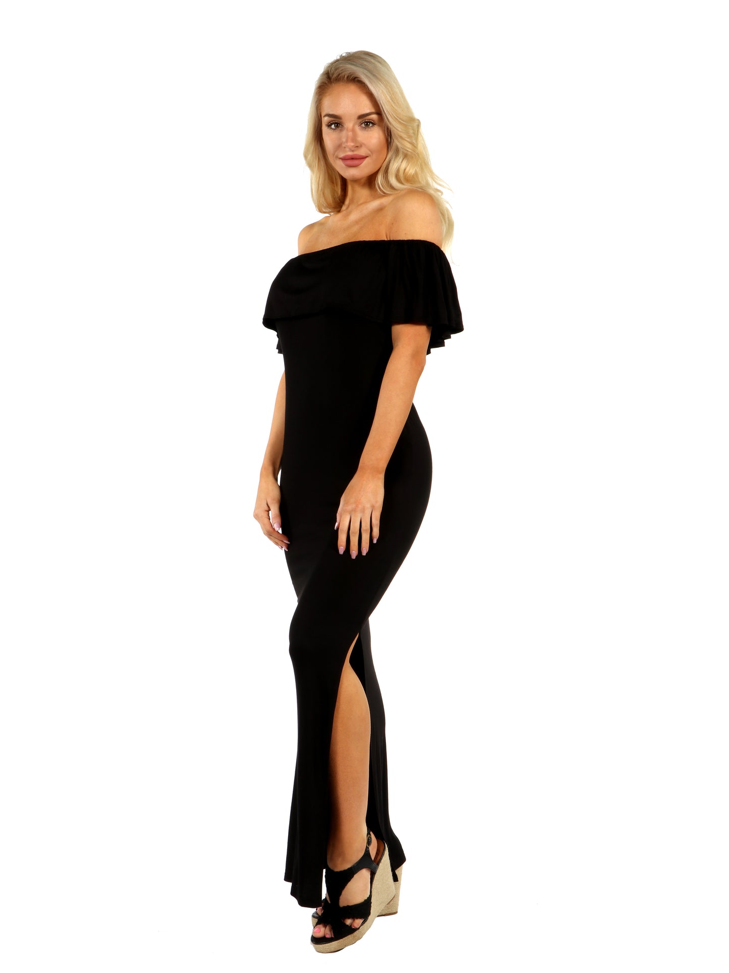 Womens Missy Off Shoulder Ruffle Detail Maxi Dress