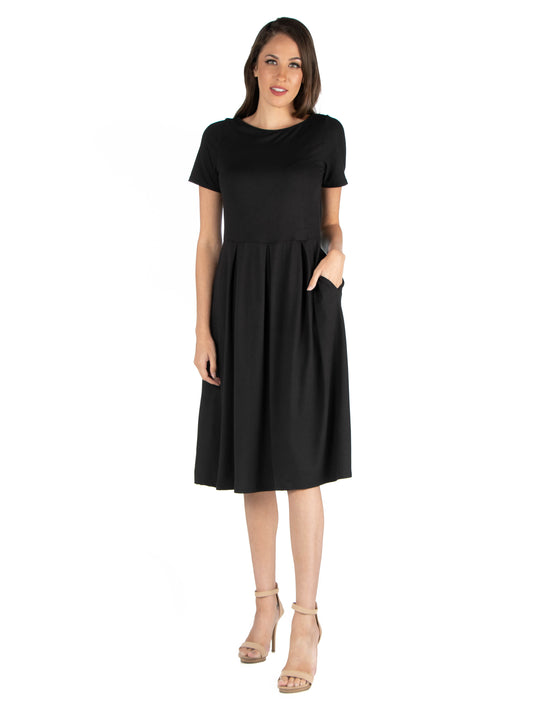 Womens Missy Midi Dress with Short Sleeves and Pocket Detail