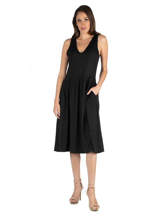 Womens Missy Fit and Flare Midi Sleeveless Dress with Pocket Detail