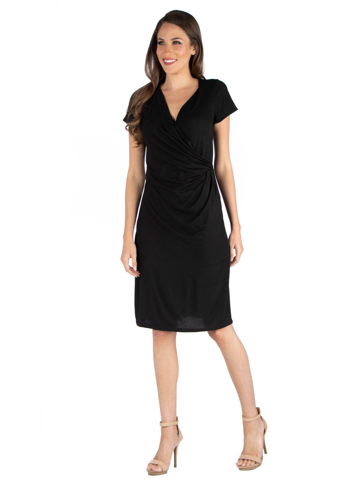 Womens Missy Short Sleeve Knee Length Faux Wrap Dress