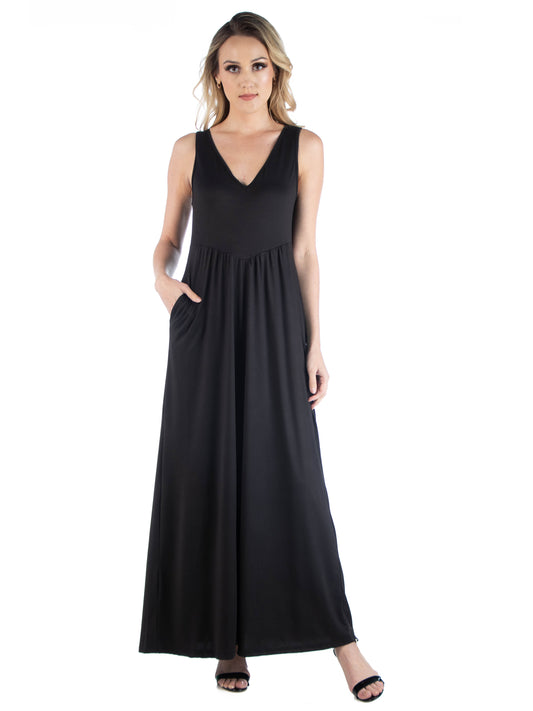 Womens Missy Sleeveless V Neck Maxi Dress with Pocket Detail