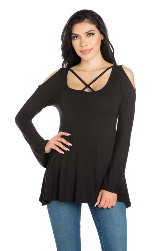 Womens Missy Criss Cross Cold Shoulder Long Sleeve Top
