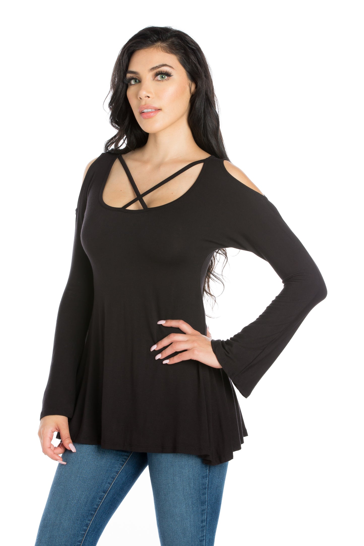 Womens Missy Criss Cross Cold Shoulder Long Sleeve Top