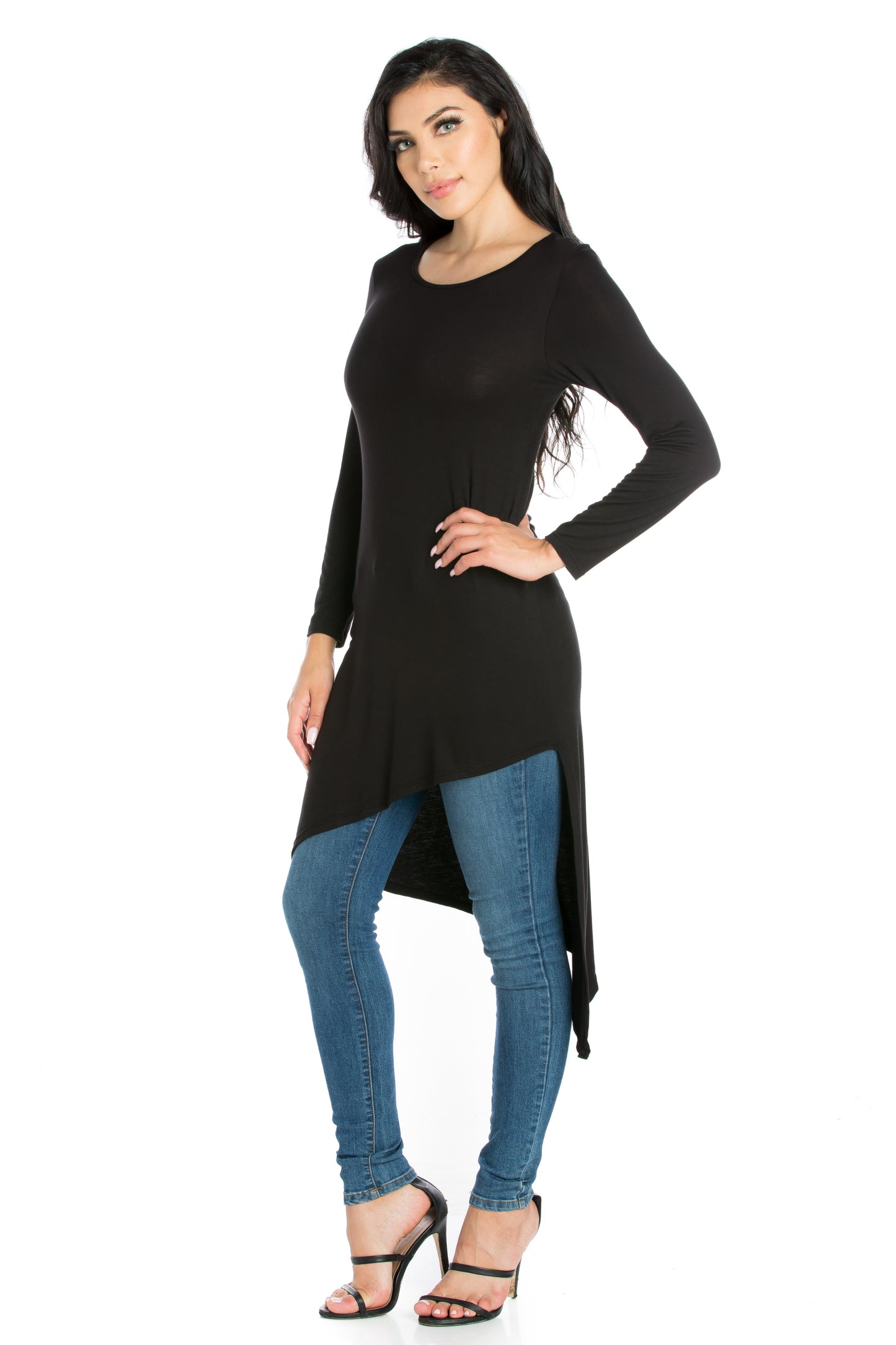 Womens Missy Long Sleeve Knee Length Asymmetrical Tunic Top