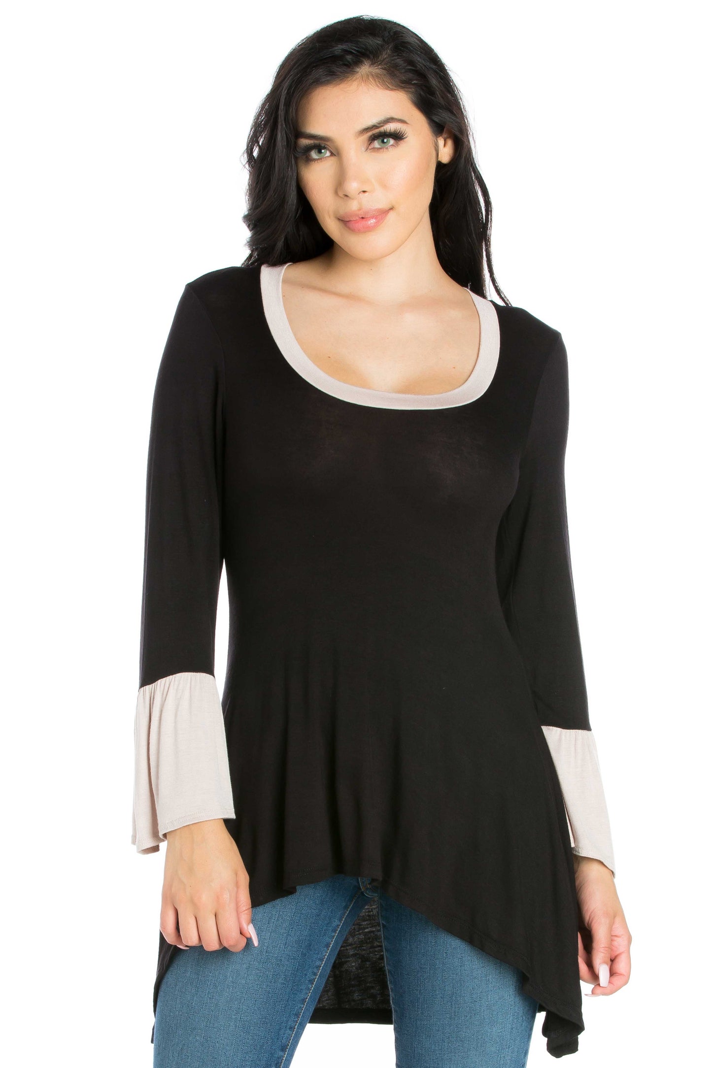 Womens Missy Black and Beige Bell Sleeve Hi Low Tunic Top