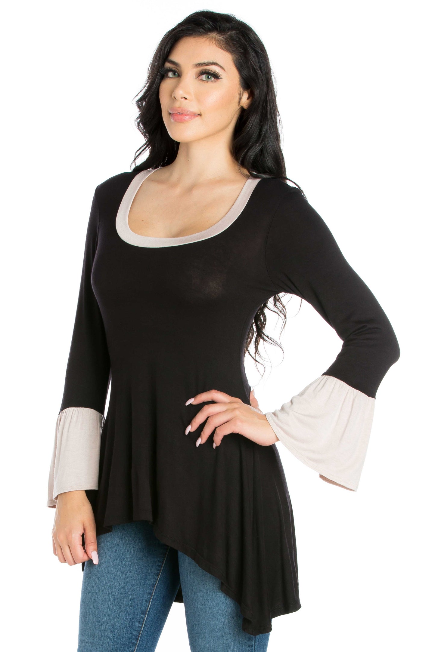 Womens Missy Black and Beige Bell Sleeve Hi Low Tunic Top