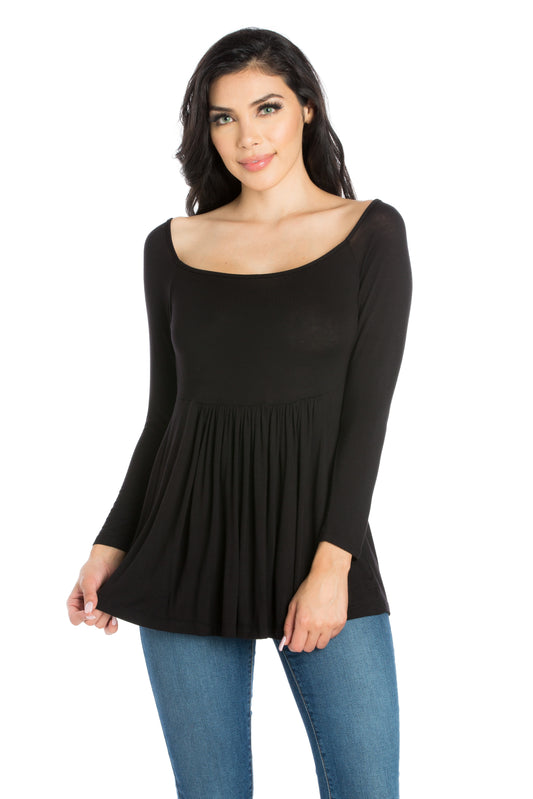 Womens Missy Wide Neck Pleated Long Sleeve Tunic Top