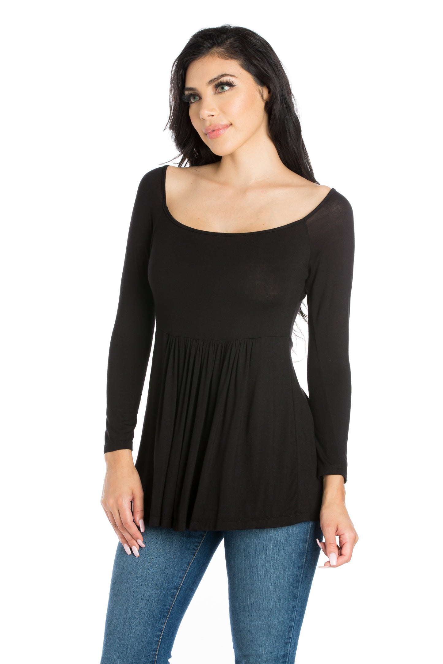 Womens Missy Wide Neck Pleated Long Sleeve Tunic Top