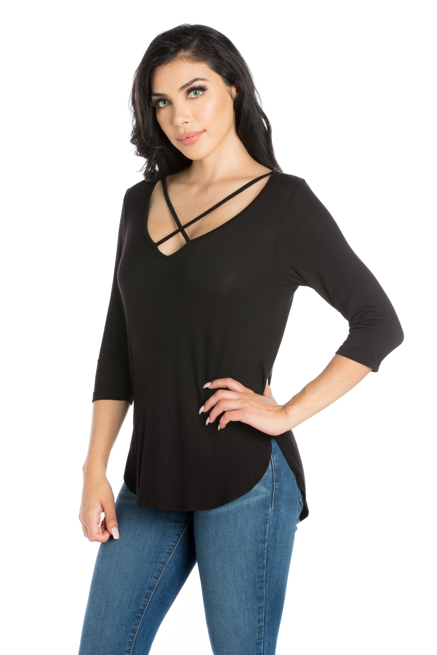 Womens Missy Criss Cross Round Hemline Tunic Top