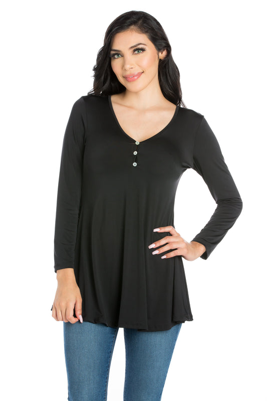 Womens Missy Flared Long Sleeve Henley Tunic Top