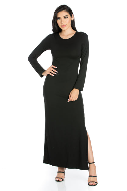 Womens Missy Long Sleeve Side Slit Fitted Black Maxi Dress