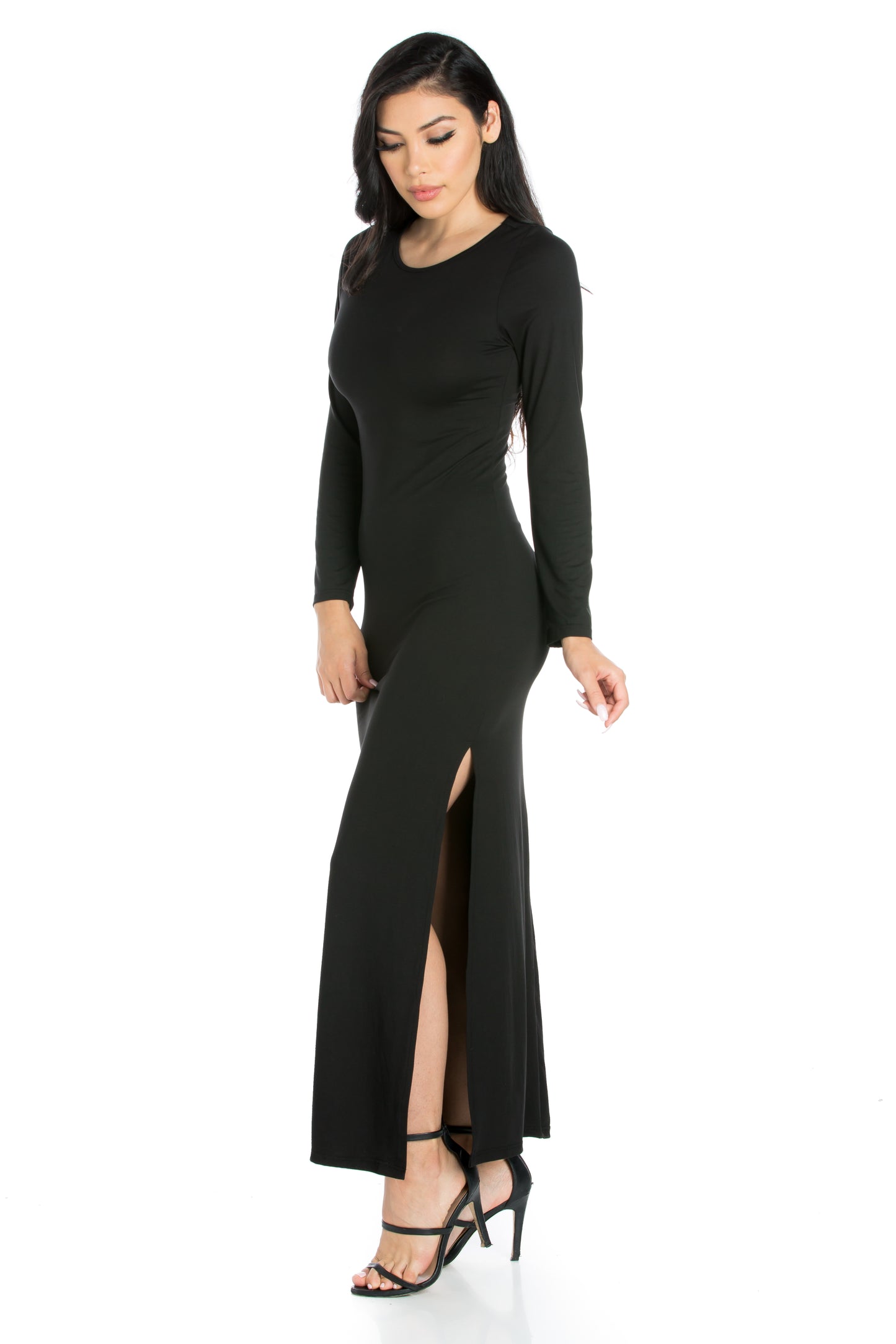 Womens Missy Long Sleeve Side Slit Fitted Black Maxi Dress