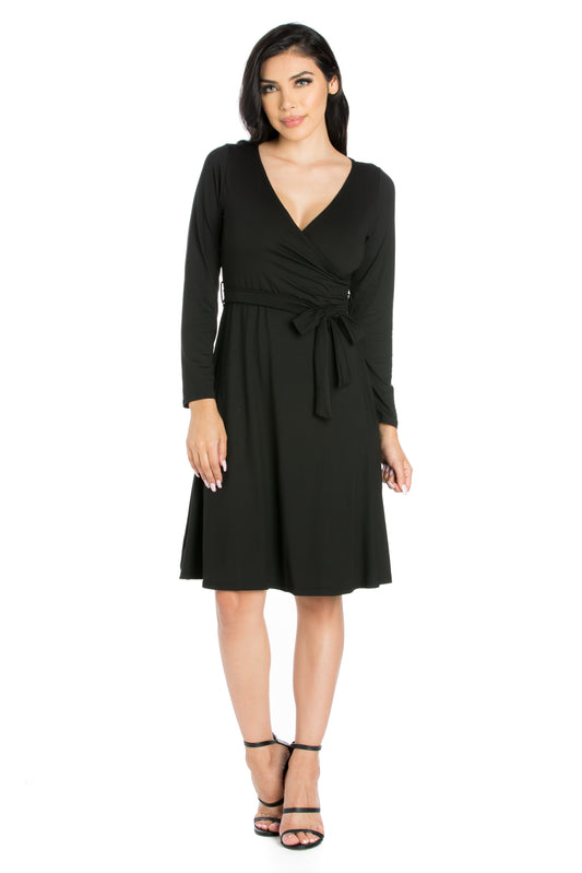 Womens Missy Chic V-Neck Long Sleeve Belted Dress