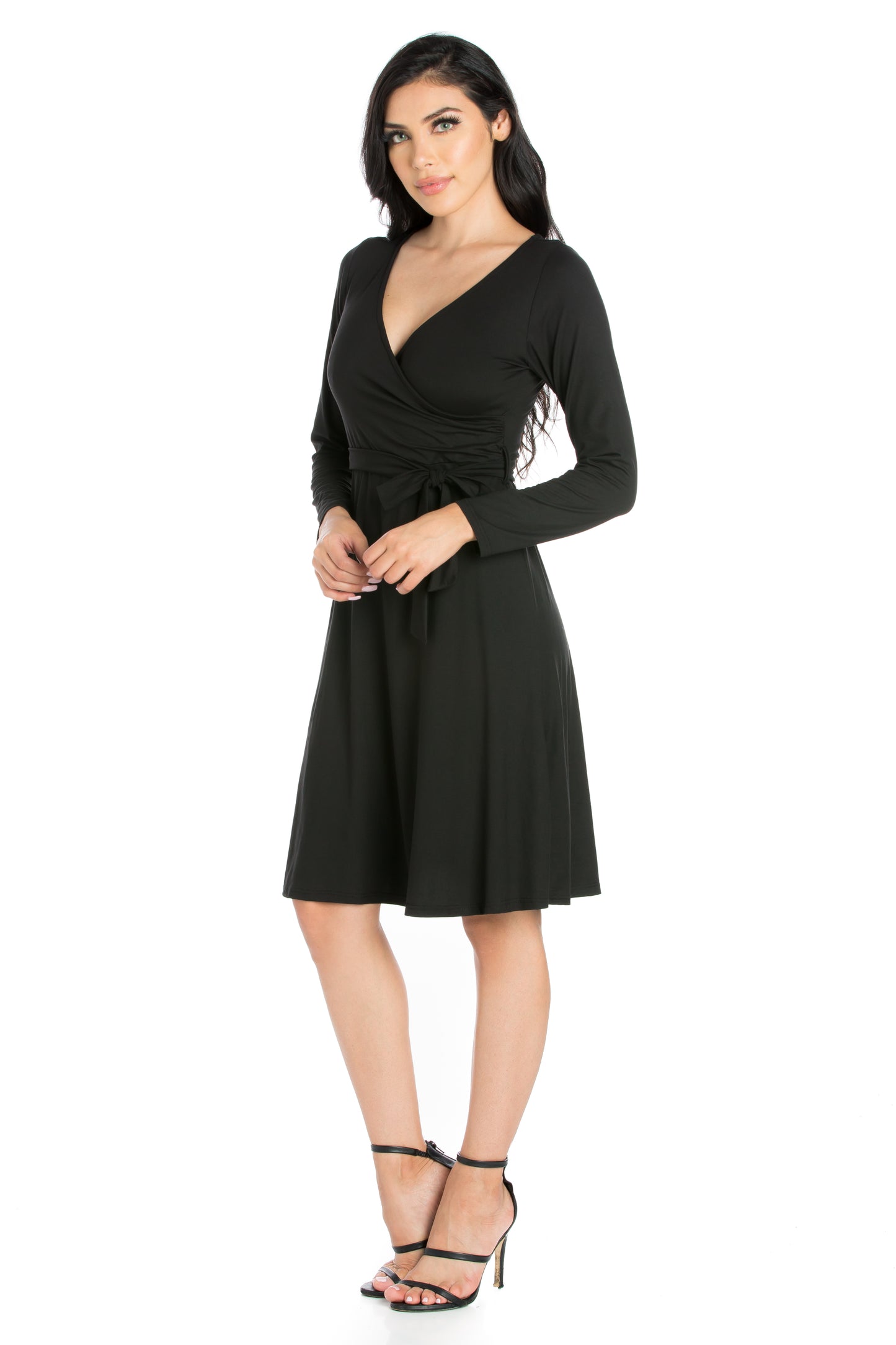 Womens Missy Chic V-Neck Long Sleeve Belted Dress