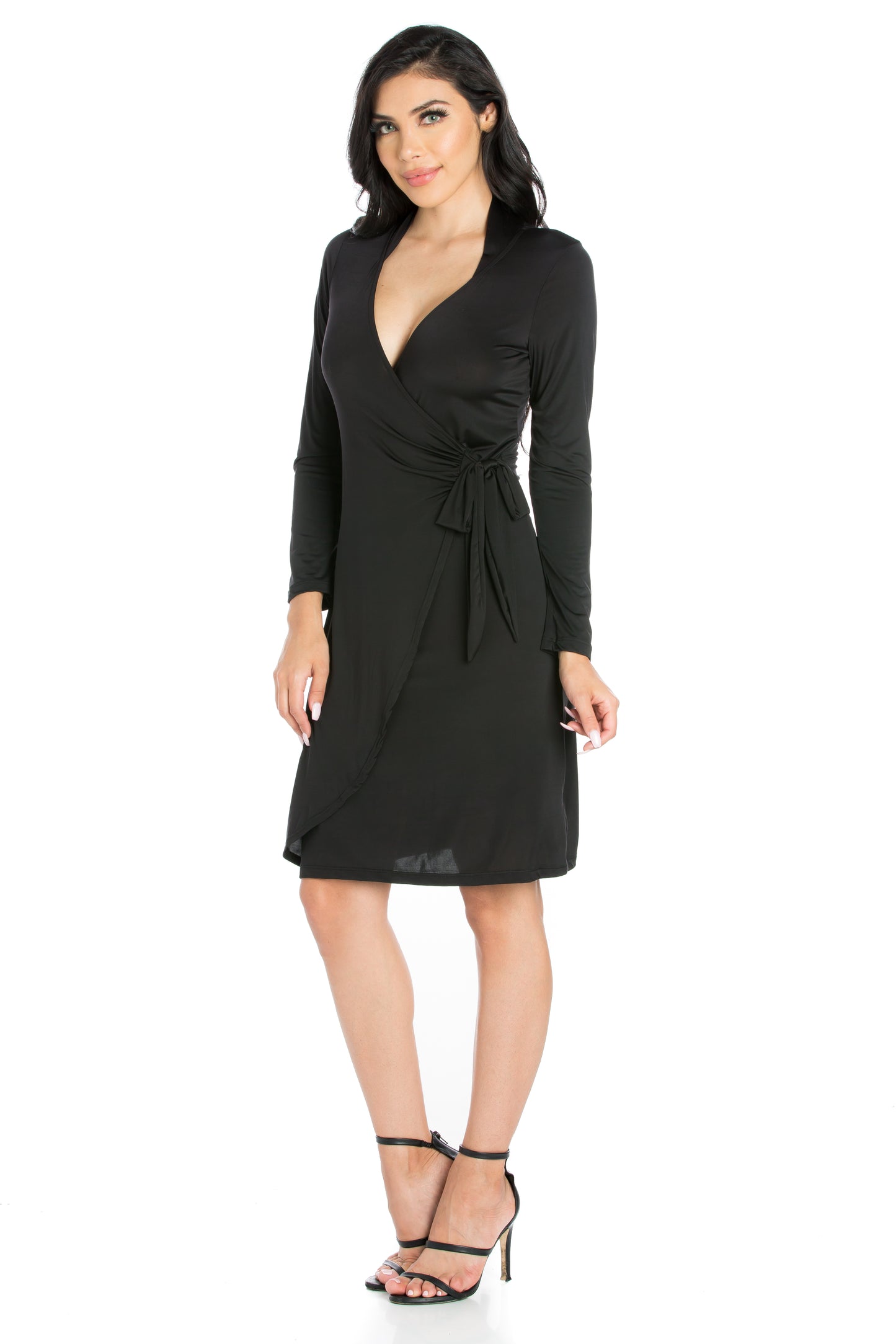 Womens Missy Long Sleeve V Neck Mini Wrap Dress