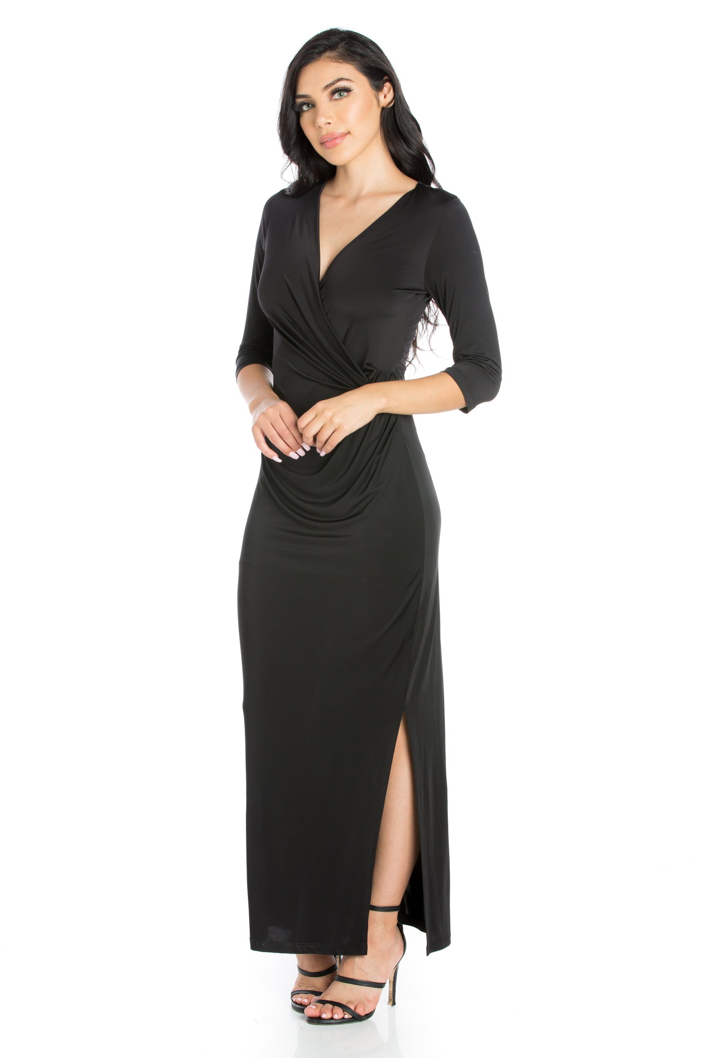 Womens Missy Fitted V-Neck Side Slit Maxi Dress