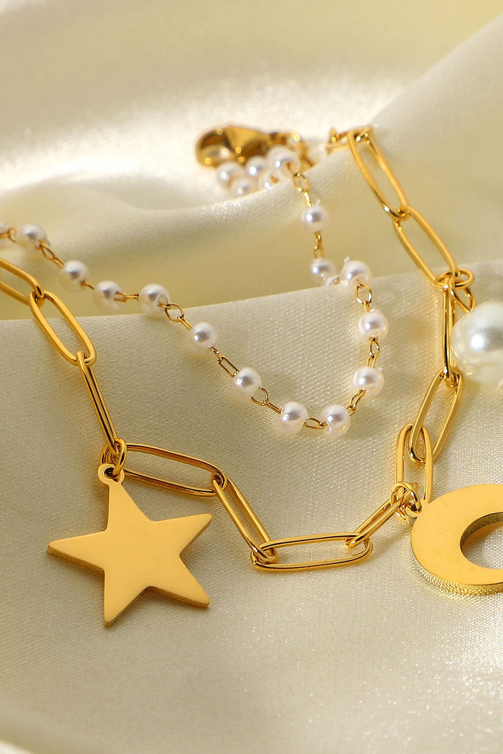 Double-Layered Star Moon Pearl Charm Bracelet