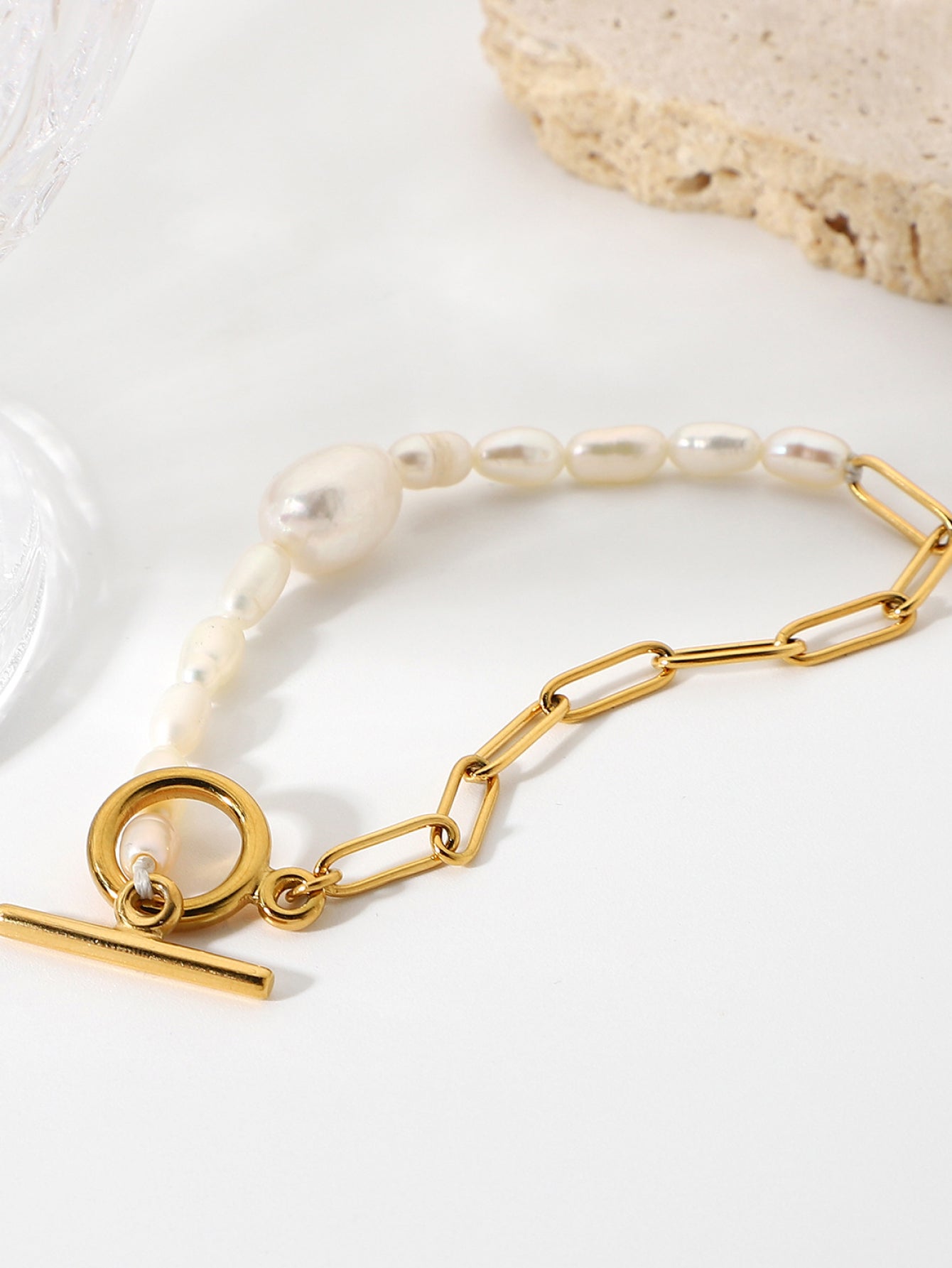 Pearl Chain Link Toggle Clasp Bracelet