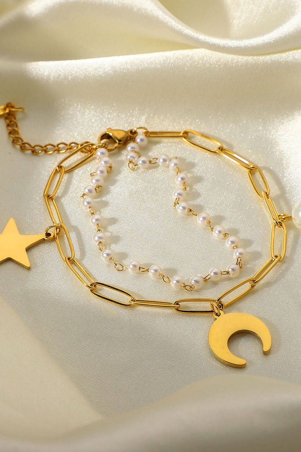 Double-Layered Star Moon Pearl Charm Bracelet